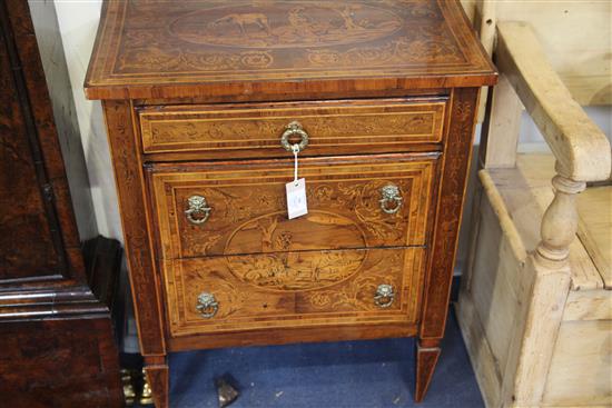 A late 18th century North Italian walnut and pictorial marquetry petit commode, W.2ft .5in. D.1ft 3.75in. H.2ft 8in.